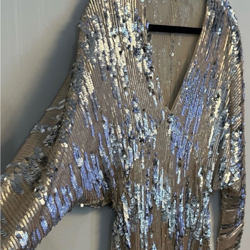 Zara Champagne Sequin Long Sleeve V-Neck Dress - Picture 2 of 5